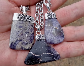 Natural Utah Tiffany/Opalized Fluorite Caped Pendant 925 Sterling Silver Plated Sturdy Stainless Chain 836