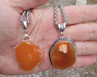 Orange Solar Quartz and Caramel Agate Pendants, Stainless Steel Foxtail Chain Necklace