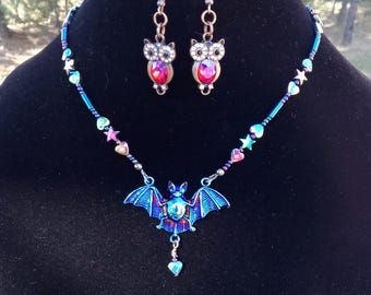 Bat Pendant Choker Necklace, Rainbow Hematite Owl Earrings, Key Ring Set