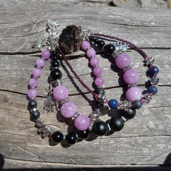 Multi Strand Gemstone Bracelet. Triple Strand. Purple Kunzite. Onyx. Lapis Lazuli. Elephant Charm Bracelet. Rhinestone. Flowers. N183