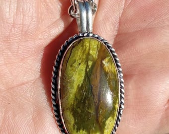 Australian Green Opal Pendant Necklace: Sterling Silver Plated, Rolo Chain, Emotional Healing Gemstone