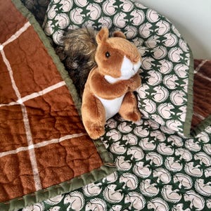 Squirrel Quilt Gift Set: Handmade Flannel Baby Lap Quilt with Stuffie
