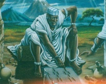 May include: A painting of a person sitting on a rock, wearing a white robe and a white hat. The person is holding a stick in their hand and is looking down at the ground. The background is a landscape with mountains and trees.