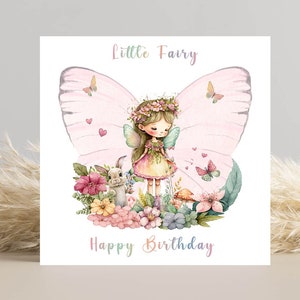 Carte d'anniversaire féerique avec papillons et fées, impression d'anniversaire rose, carte de voeux magique personnalisée pour nouveau-né, cartes personnalisées