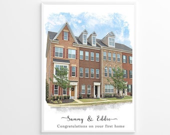 May include: A framed watercolor print of a row of townhouses in shades of red, brown, and beige brick. The sky is a light blue with white brushstrokes. The text reads "Sammy & Eddie Congratulations on your first home."
