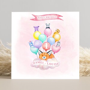 Tarjeta de felicitación personalizable con animales y globos para niñas - Tarjeta de cumpleaños personalizada por edad - Tarjeta con nombre para recién nacidos o celebraciones - Azul
