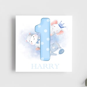Cartão de felicitações personalizado personalizado de animal fofo para o primeiro aniversário, azul e branco - Ideia para presente - Cartão de nascimento personalizado por idade - Até 9 anos - Opção rosa