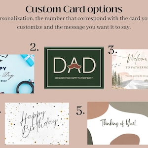 May include: Image showcasing custom card options with various designs. Includes cards for Father's Day, birthdays, and a 'Thinking of You' card. Each card features unique designs and messages, with options for personalization.