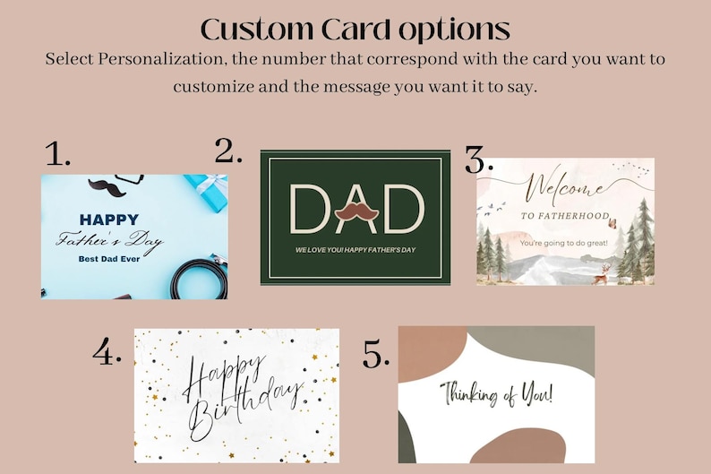 May include: Image showcasing custom card options with various designs. Includes cards for Father's Day, birthdays, and a 'Thinking of You' card. Each card features unique designs and messages, with options for personalization.