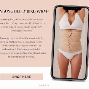 May include: A beige Benkung belly bind wrap made of cotton gauze fabric with serged edges, measuring 15.5-22.9 metres in length. The wrap is shown on a torso, featuring a long strip of cloth wrapped around the midsection with a central knotted design.