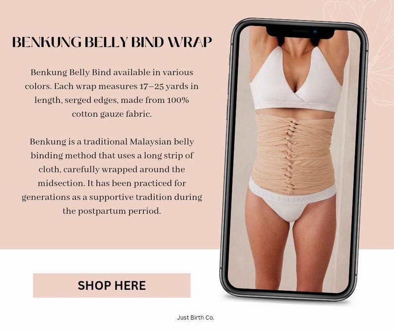 May include: A beige Benkung belly bind wrap made of cotton gauze fabric with serged edges, measuring 15.5-22.9 metres in length. The wrap is shown on a torso, featuring a long strip of cloth wrapped around the midsection with a central knotted design.