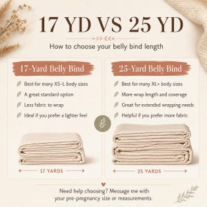 May include: An informational graphic comparing 17-yard and 25-yard belly binds. The text reads 17 YD VS 25 YD, How to choose your belly bind length, and lists features for each size. Two folded beige fabric stacks are shown with labels.