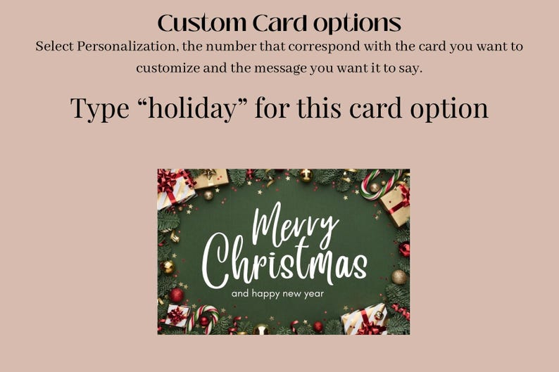 May include: A holiday greeting card with a green background and the words "Merry Christmas and happy new year" in white script. The card is surrounded by festive decorations, including gifts, ornaments, and candy canes. The text "Custom Card options" is at the top.