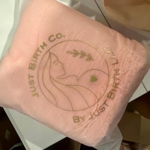 May include: A light pink square pouch made of a translucent material. The front features a gold circular logo with the text "JUST BIRTH CO." and "BY JUST BIRTH LLC" surrounding a line drawing of a person and a small leaf sprig.