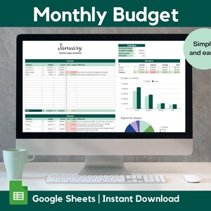 May include: A computer screen displaying a Google Sheets spreadsheet template for a monthly budget. The spreadsheet is titled "January" and includes sections for income, expenses, and a budget vs. actual chart. The text "Simple and easy!" is displayed in a green circle in the upper right corner of the screen. The text "Google Sheets | Instant Download" is displayed below the screen.