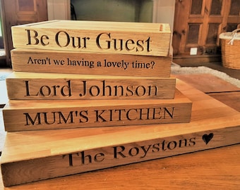 300mm x 200mm Deeply engraved oak chopping board  personalised with your chosen text,