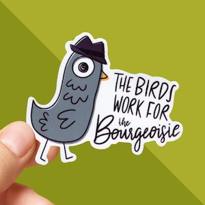 May include: A sticker featuring a cartoon pigeon wearing a fedora. The pigeon is gray with a large eye and yellow beak. The sticker has the text "THE BIRDS WORK FOR the Bourgeoisie" in black script.