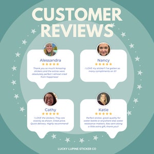 Peut inclure: Graphique turquoise avec le texte "CUSTOMER REVIEWS" et quatre t&eacute;moignages de clients. Chaque t&eacute;moignage comprend le nom d'un client, une note de cinq &eacute;toiles et une courte critique du produit. Le logo Lucky Lupine Sticker Co. est en bas.