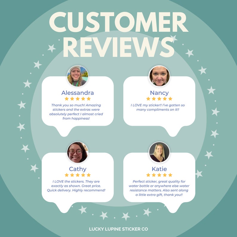 Peut inclure: Graphique turquoise avec le texte "CUSTOMER REVIEWS" et quatre t&eacute;moignages de clients. Chaque t&eacute;moignage comprend le nom d'un client, une note de cinq &eacute;toiles et une courte critique du produit. Le logo Lucky Lupine Sticker Co. est en bas.