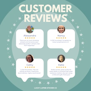 May include: A teal background with white stars and the text "CUSTOMER REVIEWS." Four customer reviews are displayed in white speech bubbles, each with a photo, name, and a 5-star rating. The Lucky Lupine Sticker Co. logo is at the bottom.