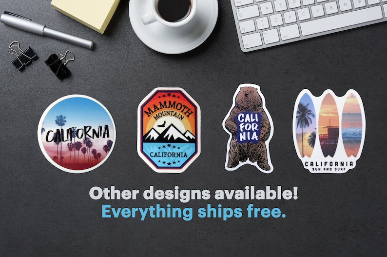 May include: Four California-themed stickers on a dark surface. Designs include a sunset with palm trees, a mountain scene, a bear holding a sign, and surfboards. Text includes "CALIFORNIA", "Mammoth Mountain", and "Sun and Surf".