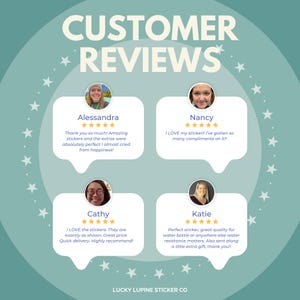 May include: A teal graphic with the words "CUSTOMER REVIEWS" and customer testimonials. The reviews are in white speech bubbles with photos and star ratings. The Lucky Lupine Sticker Co. logo is at the bottom.