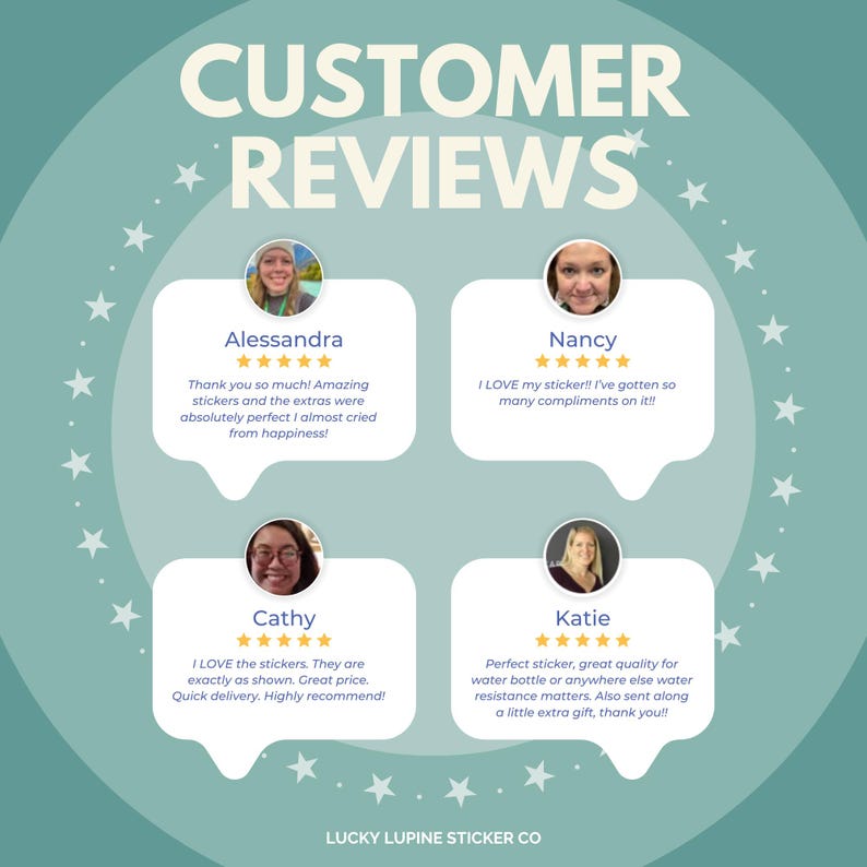 May include: A teal graphic with the words "CUSTOMER REVIEWS" and customer testimonials. The reviews are in white speech bubbles with photos and star ratings. The Lucky Lupine Sticker Co. logo is at the bottom.