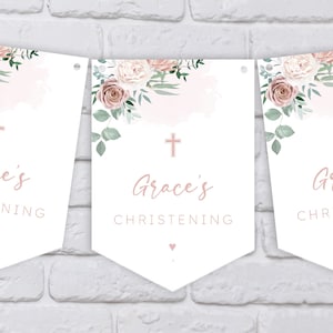 Peach and Beige Roses, Sage Floral Baptism, Christening, Dedication, Holy Communion or Naming Day Bunting - Banner