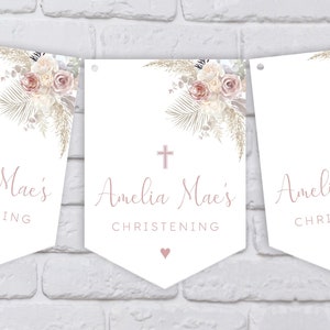 Pink Pampas Floral Christening or Baptism Bunting