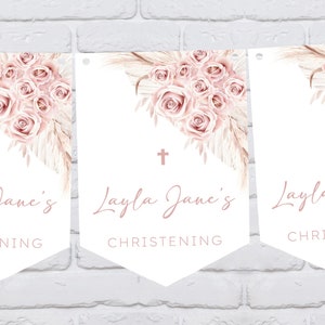 Pink Pampas Roses Christening or Baptism Bunting