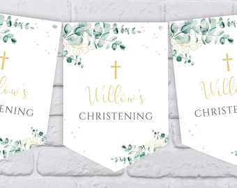 Eucalyptus & Gold Baptism, Christening, Dedication, Holy Communion or Naming Day Bunting - Banner