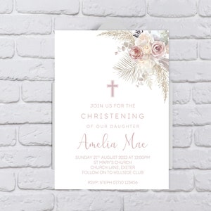 Pink Pampas Floral Christening or Baptism Invitations - Printed or Digital copy