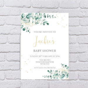 Personalised Gold and Eucalyptus Baby Shower Invitations - Printed or Digital copy