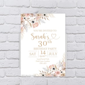 Personalised Pampas Blush Florals Birthday Invitation - Printed or Digital copy