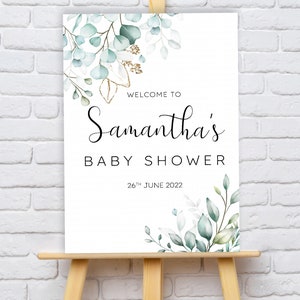 Personalised Gold and Eucalyptus Baby Shower Welcome Sign, Personalised Baby Shower Decorations