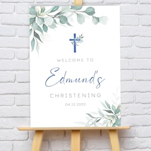 Eucalyptus & Blue Christening/Baptism Welcome Sign - A2, A3 or A4 - Printed or Digital copy
