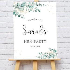 Personalised Gold and Eucalyptus Hen Party Welcome Sign -  A2, A3 or A4 - Printed or Digital copy