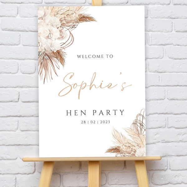 Personalised Pampas Flowers Hen Party Welcome Sign - A2, A3 or A4 - Printed or Digital copy