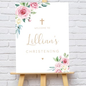 Personalised Pink Roses and Eucalyptus Christening or Baptism Welcome Sign - A2, A3 or A4 - Printed or Digital copy