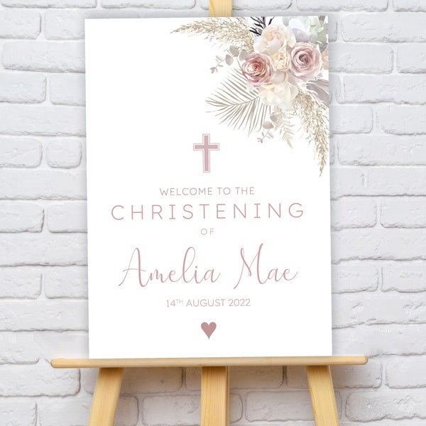 Personalised Pampas Flowers Christening or Baptism Welcome Sign - A1, A2, A3 or A4 - Printed or Digital copy