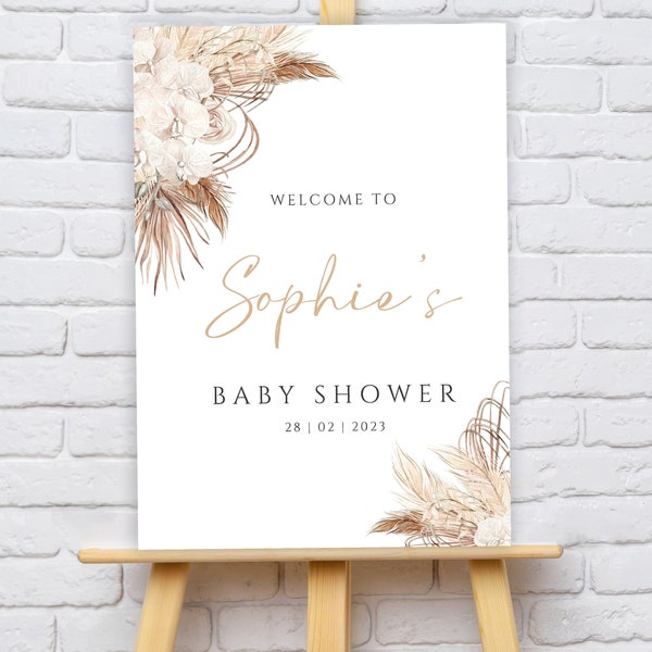 Personalised Pampas Flowers Baby Shower Welcome Sign, Personalised Baby Shower Decorations