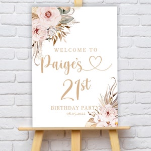 Personalised Pampas Flowers 21st Birthday Welcome Sign - A2, A3 or A4 - Printed or Digital copy