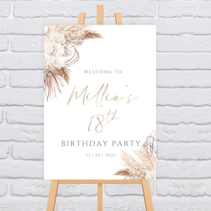 Personalised Pampas Flowers Birthday Party With Age Welcome Sign - A2, A3 or A4 - Printed or Digital copy