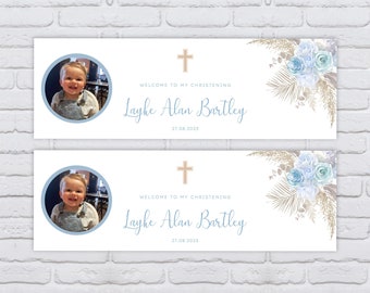2 x Personalised Blue Pampas Rose Photo Baptism, Christening, Dedication, Holy Communion, Confirmation or Naming Day Banners