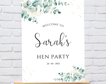 Personalised Gold and Eucalyptus Hen Party Welcome Sign -  A2, A3 or A4 - Printed or Digital copy