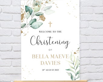 Personalised Gold and Eucalyptus Christening/Baptism Welcome Sign - A2, A3 or A4 - Printed or Digital copy
