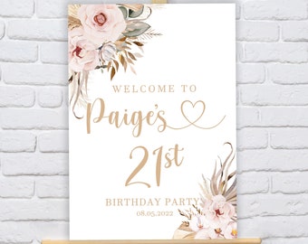 Personalised Pampas Flowers 21st Birthday Welcome Sign - A2, A3 or A4 - Printed or Digital copy