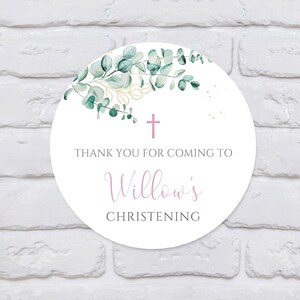 20 Personalised Eucalyptus and Pink Christening or Baptism Stickers