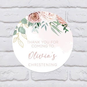 20 Personalised Peach and Beige Roses, Sage Floral Christening or Baptism Stickers