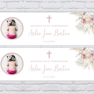 2 x Personalised Pink Pampas Photo Christening / Baptism Banners